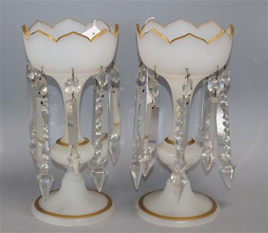 A pair of opaque white glass table lustres of tulip form, H 27cm
